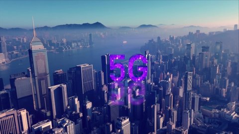AERIAL. Digital concept and 5G hologram with connection's lines. Business Financial Downtown City and Skyscrapers Tower Building Hong Kong city.