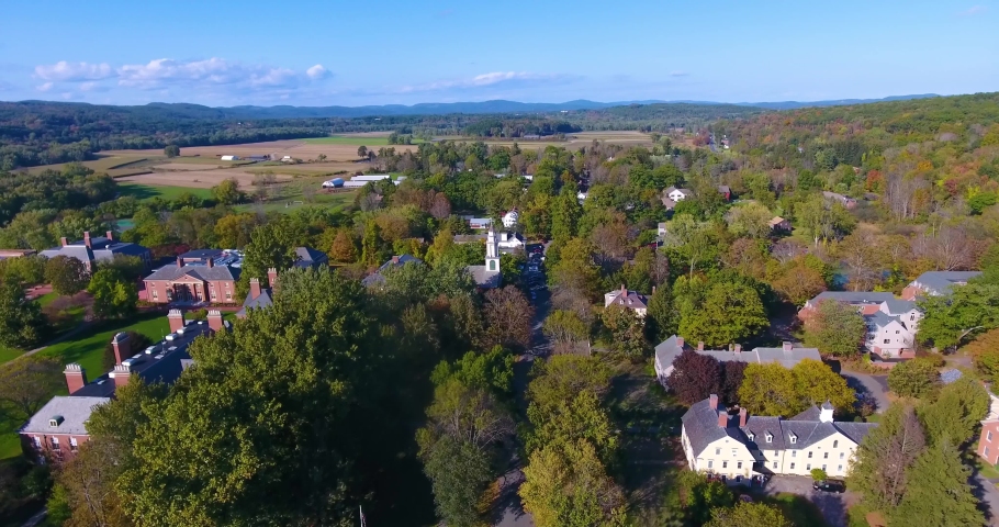 Aerial view of Deerfield village Old Main Street in fall in town center of Deerfield, Massachusetts MA, USA. 