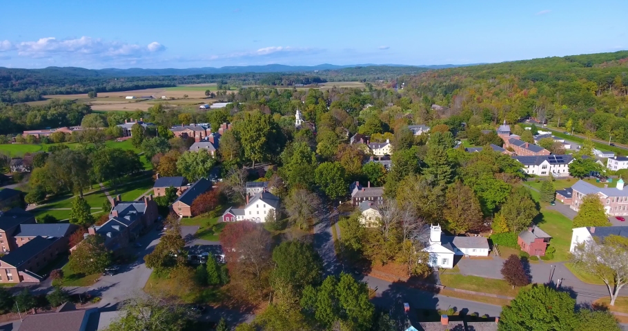 Aerial view of Deerfield village Old Main Street in fall in town center of Deerfield, Massachusetts MA, USA. 
