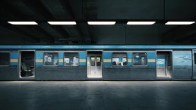 Subway train arriving to empty metro station. Empty train in subway station. Closing train door and leaving the station. 3d visualization - Powered by Shutterstock - Get 15% off with code: PIKWIZARD15