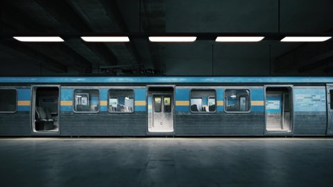 Subway train arriving to empty metro station. Empty train in subway station. Closing train door and leaving the station. 3d visualization