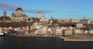 Quebec City skyline travel left from drone in spring