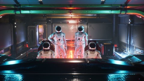 Astronauts travel in space in their interstellar spacecraft. The animation is for fantastic, the futuristic or space travel backgrounds. View of the spaceship with an astronaut.