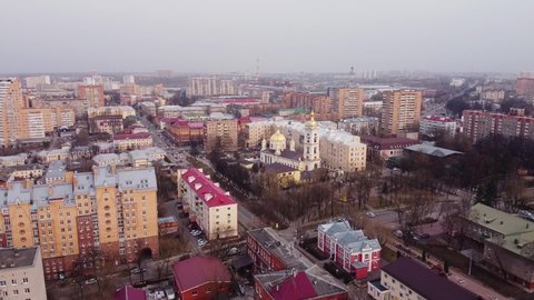 The center of Podolsk with a quadrocopter. Trinity Cathedral. Church. Spring.