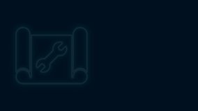 Glowing neon line Graphing paper for engineering and wrench icon isolated on black background. 4K Video motion graphic animation .