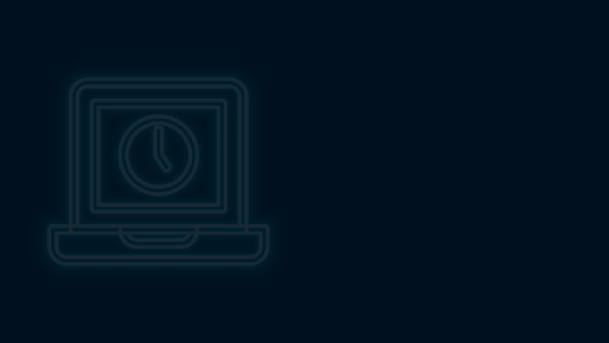 Glowing neon line Laptop time icon isolated on black background. Computer notebook with empty screen sign. 4K Video motion graphic animation .