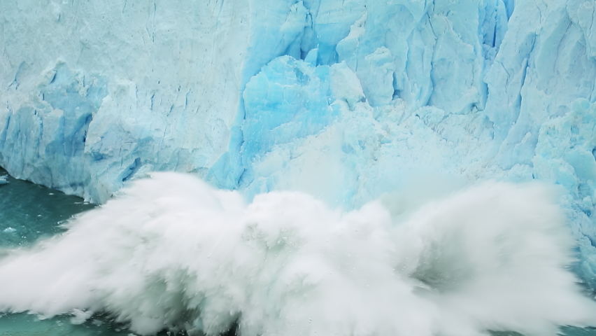 Action of piece of Perito Moreno Glacier breaking and falling in water, Los Glaciares National Park, Santa Cruz Province, Patagonia, Argentina, South America, 4k footage in slow motion