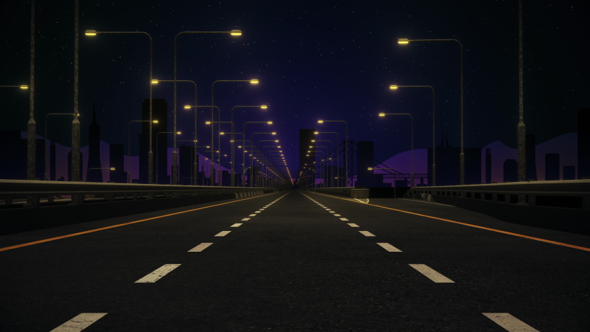 Driving POV On Empty 3D Rendered Stylized Road at Night with Cityscape Background Loop Royalty-Free Stock Footage #1070712967