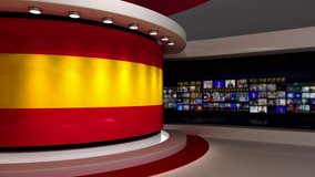 Spain. Spanish flag. TV studio. News studio.  Loop animation. Background for any green screen or chroma key video production. 3d render. 3d 