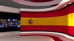 Spain. Spanish flag. TV studio. News studio.  Loop animation. Background for any green screen or chroma key video production. 3d render. 3d 