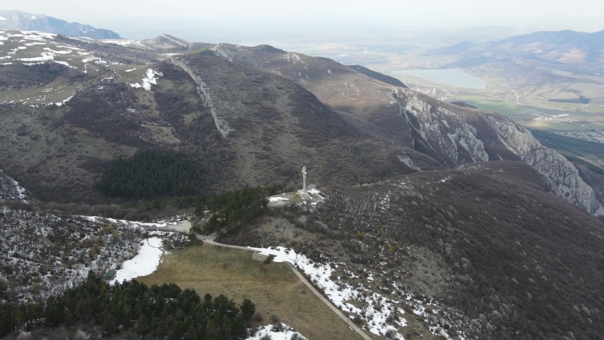 Aerial view of The monument at Okolchica peak built as obeisance to Bulgarian revolutionary and national hero Hristo Botev, Bulgaria