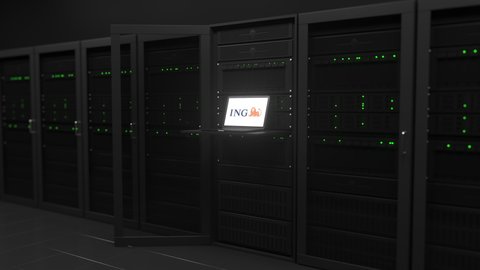 Laptop with the ING on the screen in a server room. Conceptual editorial 3d animation