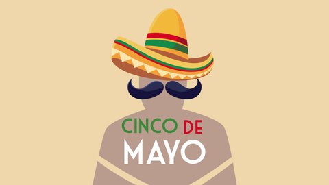 cinco de mayo lettering celebration with mariachi hat and mustache