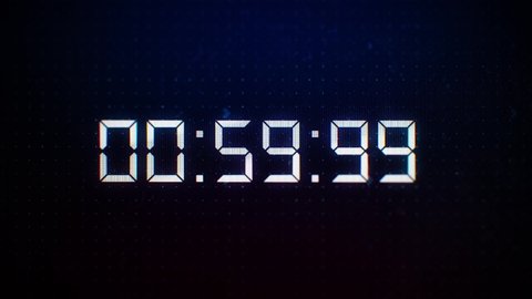 Close-up of 60 Seconds countdown White numbers on a Computer Screen in Defocus. 1 minute countdown. 30 or 10 seconds. White digits on a Digital Tech Background. LCD pixels Texture of LED Display