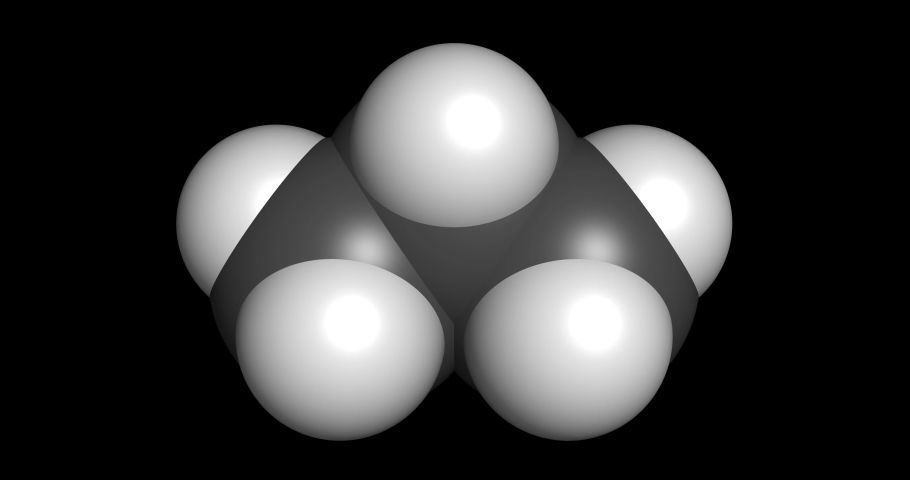 Propane gas alkane hydrocarbon molecule 3D render chemical rotating structure 4K seamless loop
