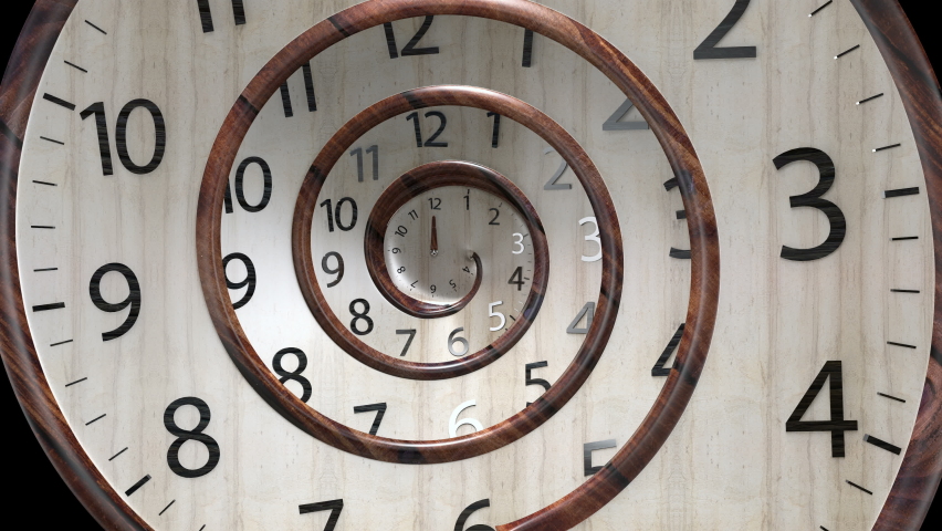 Camera Zoom in Vintage wood Classic Round Clock with infinity time. Round Clock Time running backwards. 3D Rendering Clock Spinning Back isolated from the white background.	 Royalty-Free Stock Footage #1070751340