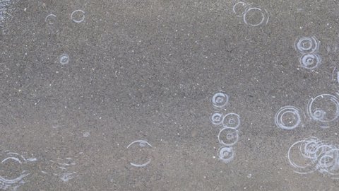 Raindrops falling into a puddle on the asphalt