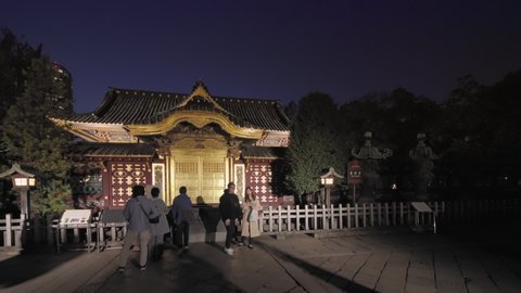 tokyo, japan - november 05 2020: Video of Japanese people praying at golden Ueno Tosho-gu shrine dedicated to Tokugawa shogun and classed as Important cultural property at night.
