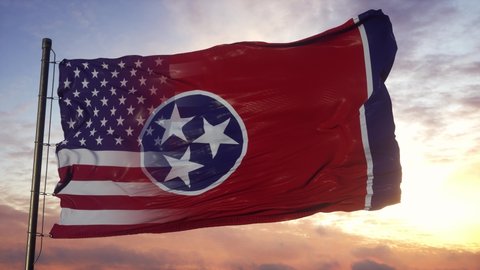Tennessee and USA flag on flagpole. USA and Tennessee Mixed Flag waving in wind