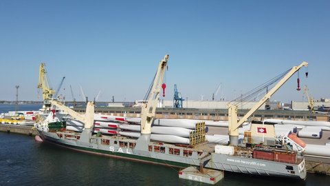 Germany , 19.04.2019 , Rostock , The ship MS Anette was loaded with parts for wind turbines