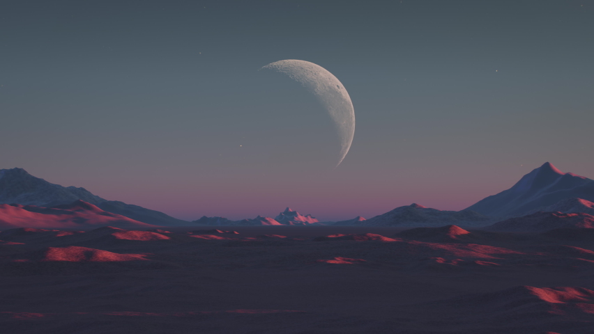 Alien planet landscape panorama at sunset with large planet or moon in the sky.