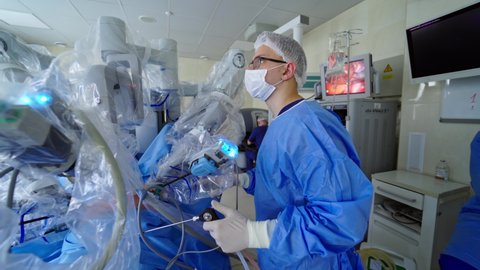 KYIV, UKRAINE - August 2020: Modern surgical system. Medical robot. Minimally invasive robotic surgery. Da Vinci Surgery.