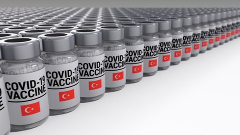Seamless looping 3D animated bottles with covid-19 vaccine and the flag of Turkey in 4K resolution 