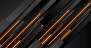 Abstract black stripes with orange neon glowing light technology motion background. Seamless looping. Video animation 4K 4096x2160