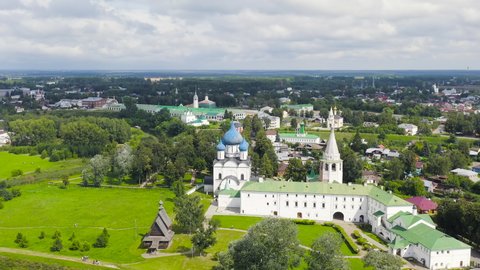 Suzdal, Russia. Flight. The Cathedral of the Nativity of the Theotokos in Suzdal - Orthodox church on the territory of the Suzdal Kremlin, Aerial View, Point of interest