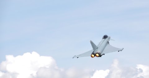 Mollis Switzerland 16 August 2019: Eurofighter Typhoon of German Air Force, Luftwaffe, take off with full Afterburner.