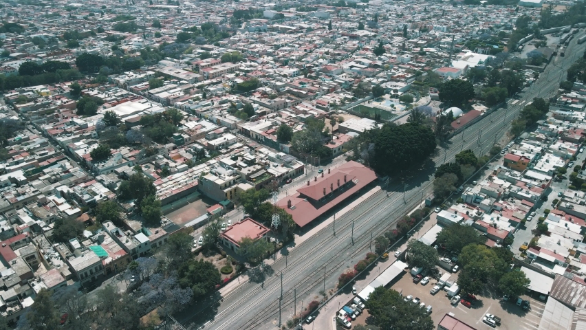 Aerial frontal view of Queretaro train station and rails in front