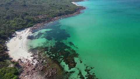 Curtis Bay, Dunsborough, Australia. Drone Aerial View, Secluded White Sand Beach Backdropped by Trees and Clear Sea Water