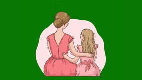 4k Happy Mothers Day Background Heart Fly to the Top Banner Card. Red Hearts Flying Up and Burst at the End on a Green Background. Mother and Daughter Sitting Green Chroma Key Screen.