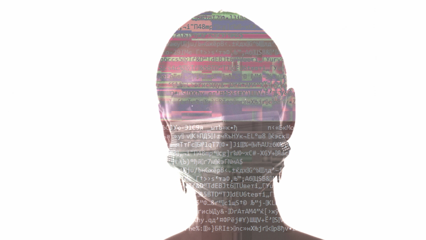 Glitch portrait. Double exposure woman. Digital virus. Hacking attack. Colorful encryption text noise animation in female silhouette in face mask isolated on white copy space background. - Powered by Shutterstock - Get 15% off with code: PIKWIZARD15