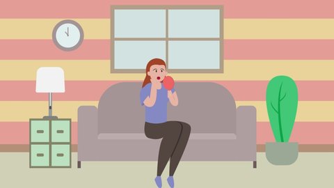 Young woman animation looking at acne on her cheek while using mirror at home. Cartoon in 4k resolution