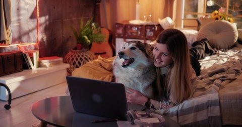 Happy smiling girl and her dog Husky look at a laptop. Young woman hugs and strokes dog. Girl and a dog watch a movie late at night