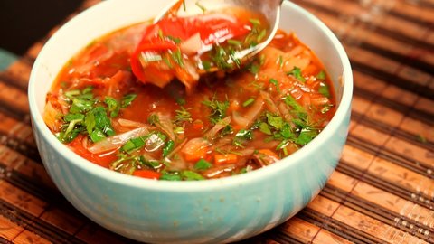 Traditional Ukrainian Red Soup Borscht Food High Gourmet Haute Cuisine.Russian Beetroot Soup With Vegetables.Food High Gourmet Haute Cuisine.Homemade Ukrainian Borscht Soup In Saucepan.Russian Cuisine