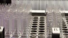 empty glass test tubes stand in the counter of a medical center or laboratory. Dolly video