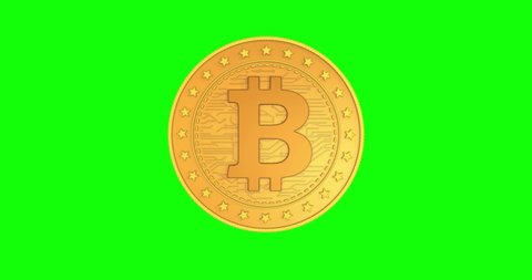 Bitcoin BTC cryptocurrency isolated gold coin on green screen loopable background. Rotating golden metal looping abstract concept. 3D loop seamless animation.