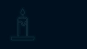 Glowing neon line Burning candle in candlestick icon isolated on black background. Cylindrical candle stick with burning flame. 4K Video motion graphic animation .