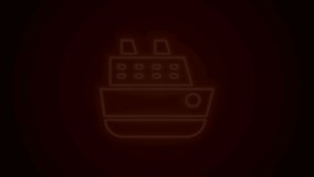 Glowing neon line Cruise ship icon isolated on black background. Travel tourism nautical transport. Voyage passenger ship, cruise liner. Worldwide cruise. 4K Video motion graphic animation.