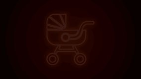 Glowing neon line Baby stroller icon isolated on black background. Baby carriage, buggy, pram, stroller, wheel. 4K Video motion graphic animation.