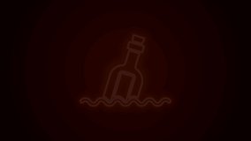 Glowing neon line Glass bottle with a message in water icon isolated on black background. Letter in the bottle. Pirates symbol. 4K Video motion graphic animation.