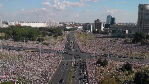 Biggest peaceful protest demonstrations in modern history of Belarus. More than 200 thousands people gathered to demand new fair elections and resignation of Lukashenko. Minsk, Belarus - Aug 16, 2020.