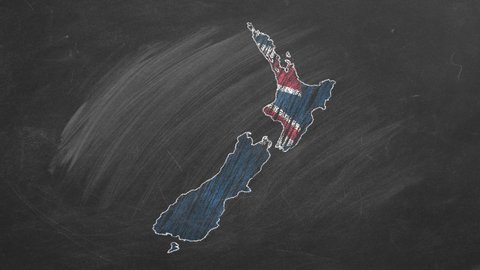New Zealand. Chalk drawn and animated map with flag.
