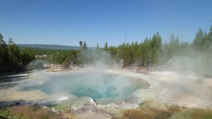  Steady shot of the Emerald Spring at the Norris Geyser Basin at Yellowstone National Park in Wyoming.