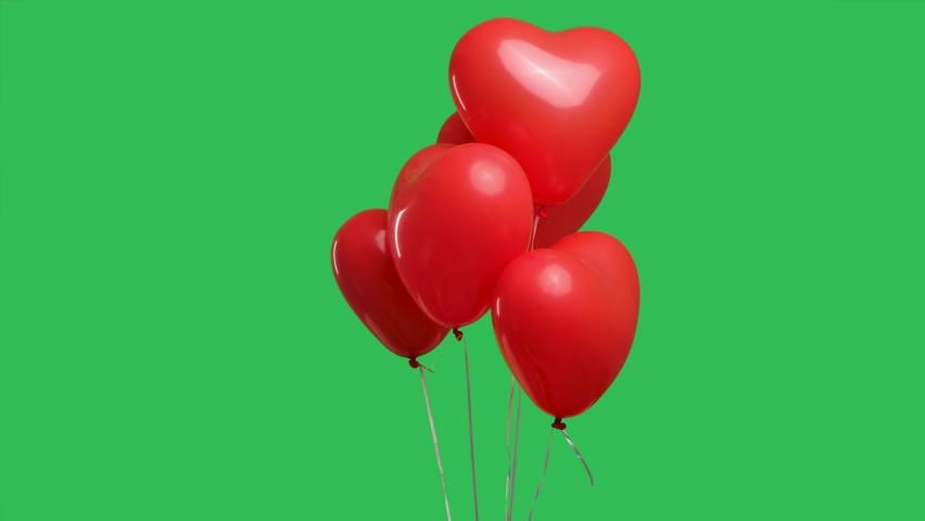 Many red heart shaped balloons hanging in the air against the background of a green screen chroma key. Close up of helium balloons as an expression of feelings and love. Slow motion.
