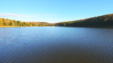 Wide angle view of Spruce Knob Lake in Appalachian mountains of Canaan valley, West Virginia at sunny sunset in Monongahela National Forest