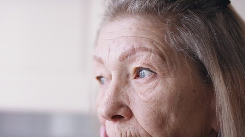Close up on blue sad eyes of a lonely elderly woman looking through the window. High quality 4k footage