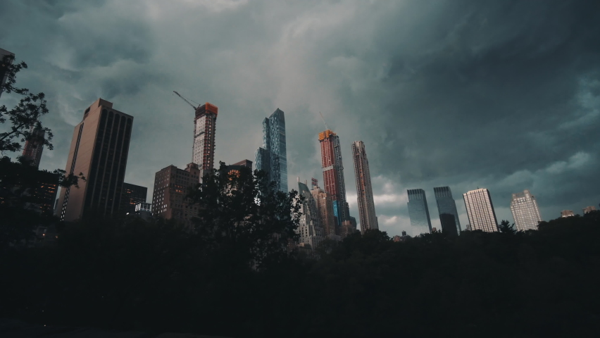 Thunderstorm Time Lapse over Central Park, Manhattan, New York City with new Skyscrapers in construction